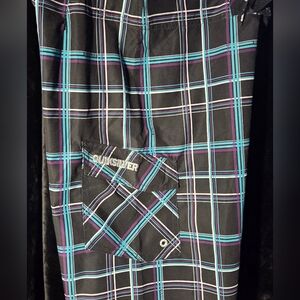 Quiksilver Youth ('14) Black Plaid Swim Shorts with Teal & Purple Stripes